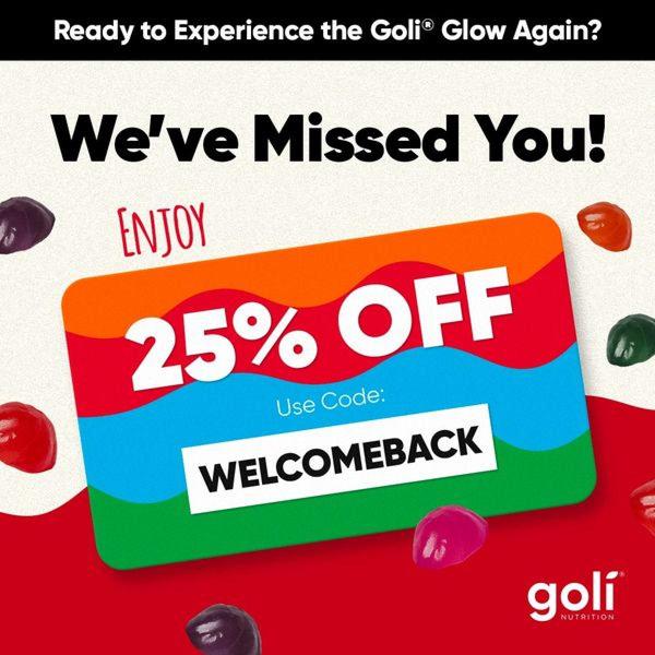 A high-contrast, text-heavy retention ad using a clear discount code to re-engage past customers of a gummy supplement brand.